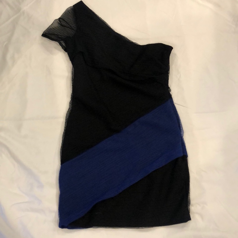 BCBGeneration One Shoulder Black and Blue Dress